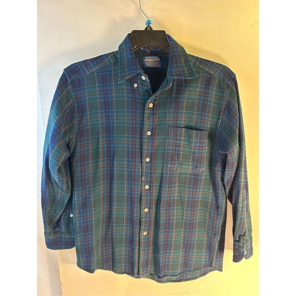 Sir Pendleton 100 virgin wool flannel medium m green plaid button down rn#29685 - Picture 2 of 8